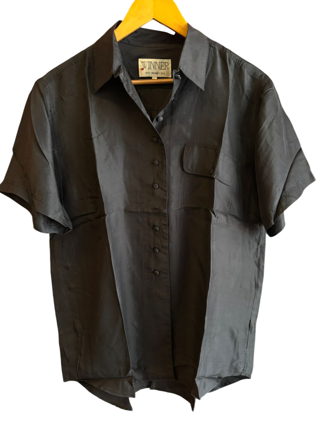 Winner 100% Washed Silk Black Short Sleeve Button-Up Shirt