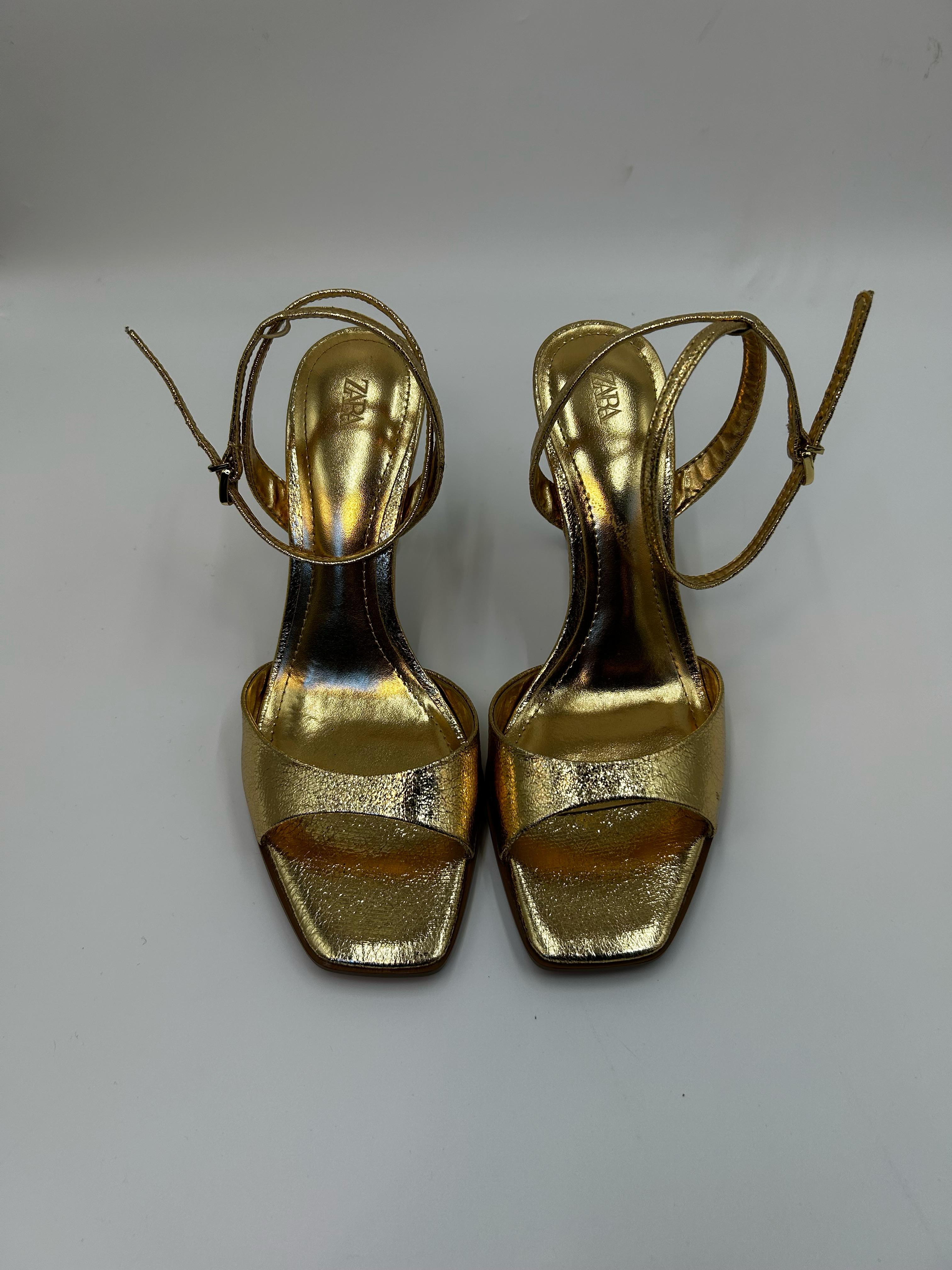 ZARA - Gold Wide Strap Heeled Sandals