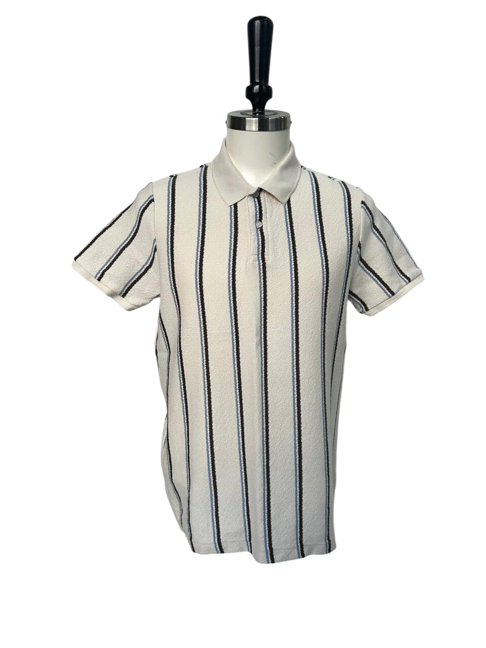 Men's Top - Cream Knit Golfer with Olive and Blue Striped - Markham