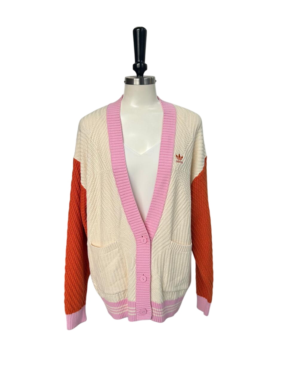 Women's Knit - Cream Textured Cardigan with Orange Sleeve - Adidas