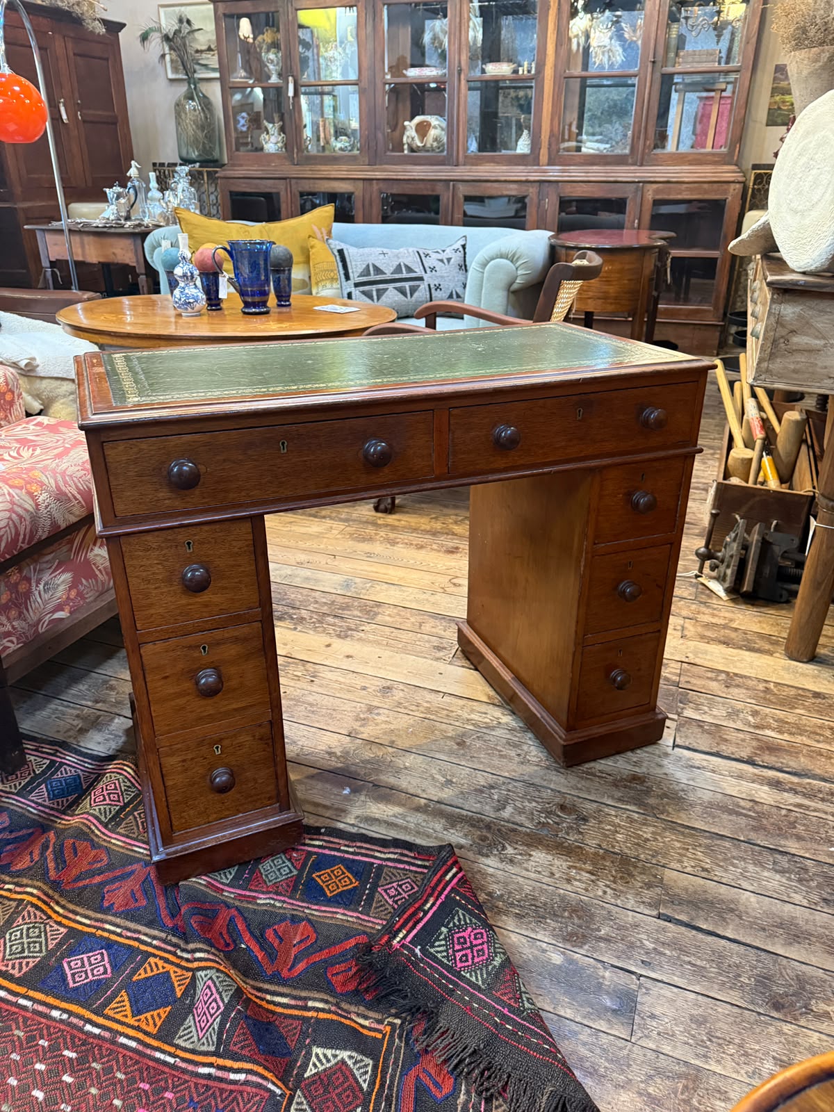 Small Victorian Mahogany Desk With Green Leather Top