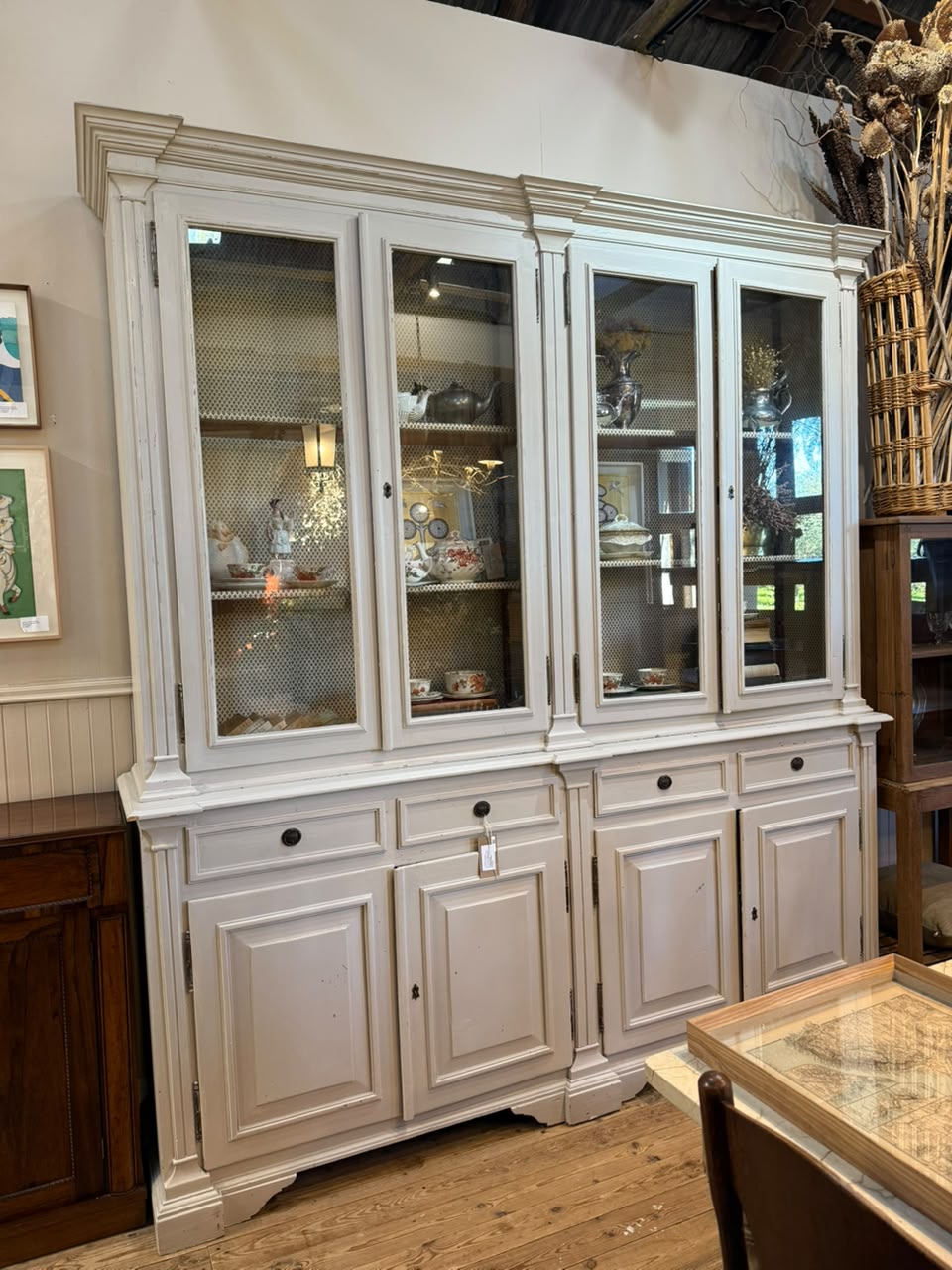 Putty-Coloured Country-Style Display With Four Glass Doors & Four Wooden Doors