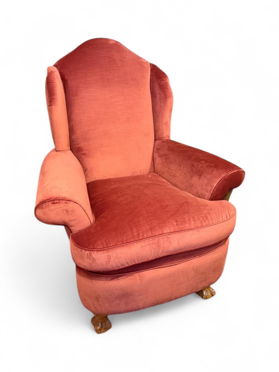 Large Upholstered Wingback Chair In Rust Velvet