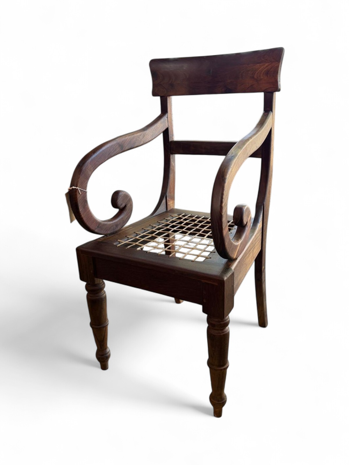 Blackwood Regency open armchair with scroll armrests and riempie seat