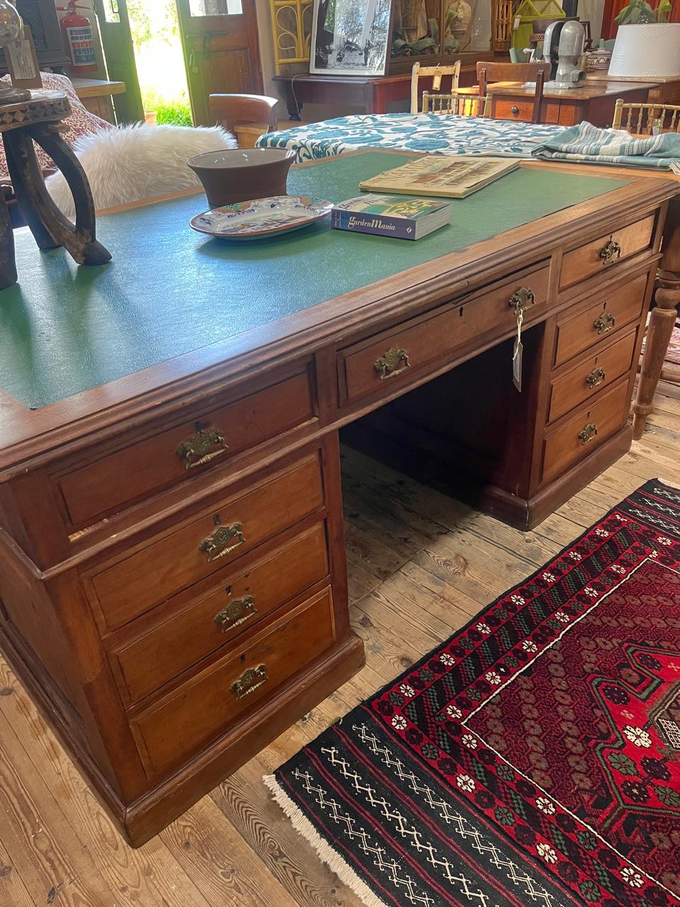 Green Leather-Topped Partners Desk