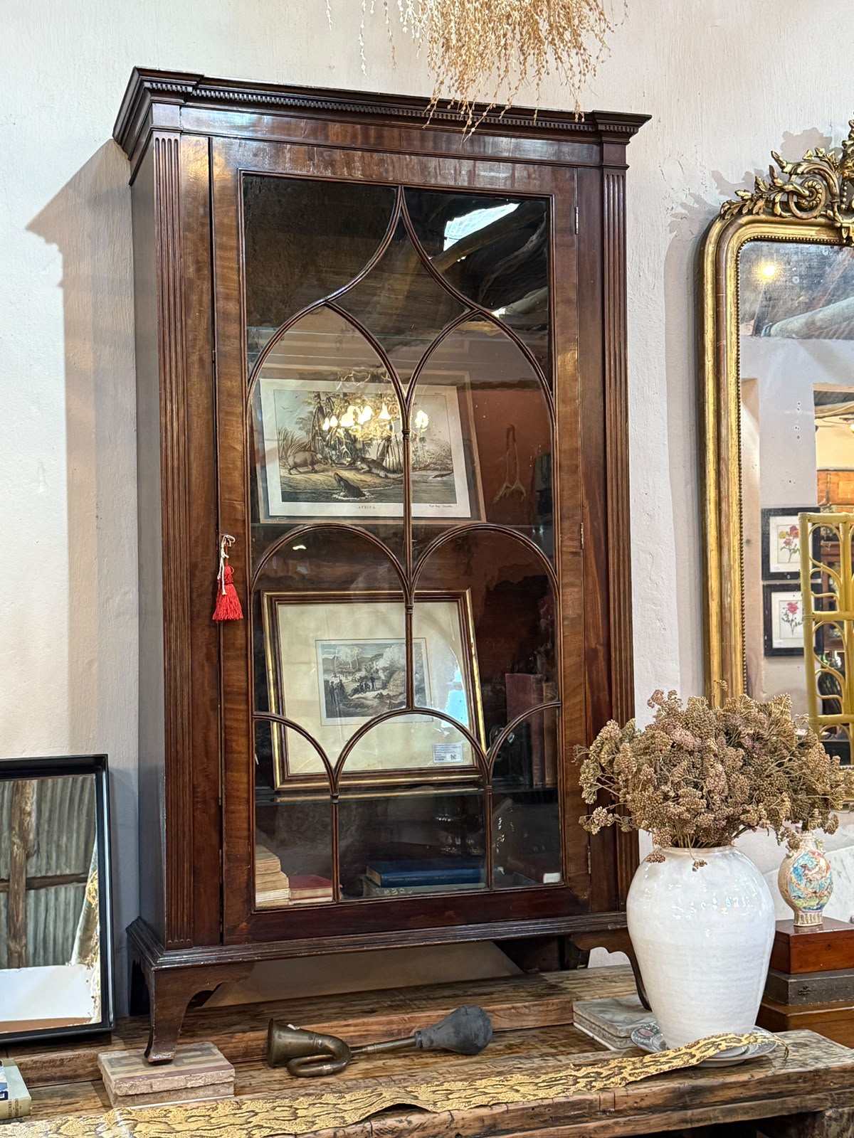 Antique Georgian-Style Mahogany Bookcase With Beaded Door