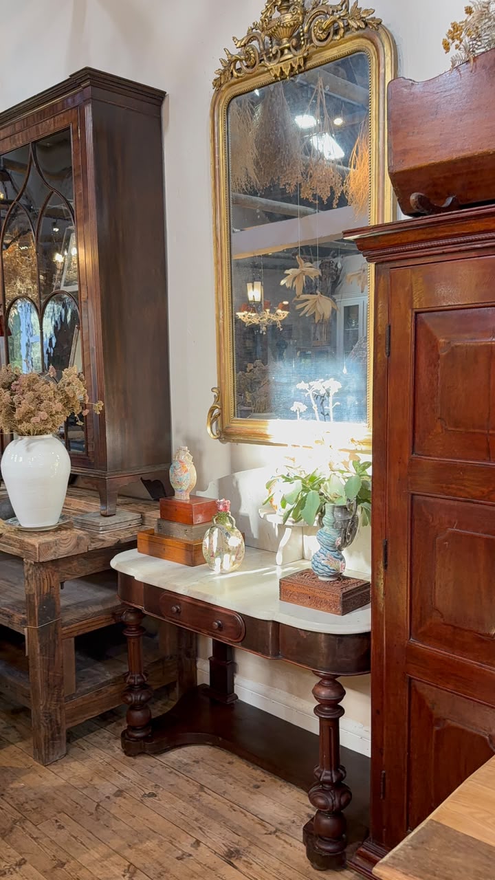 19th Century French Louis Philippe Gilt Mirror With Ornate Pediment.