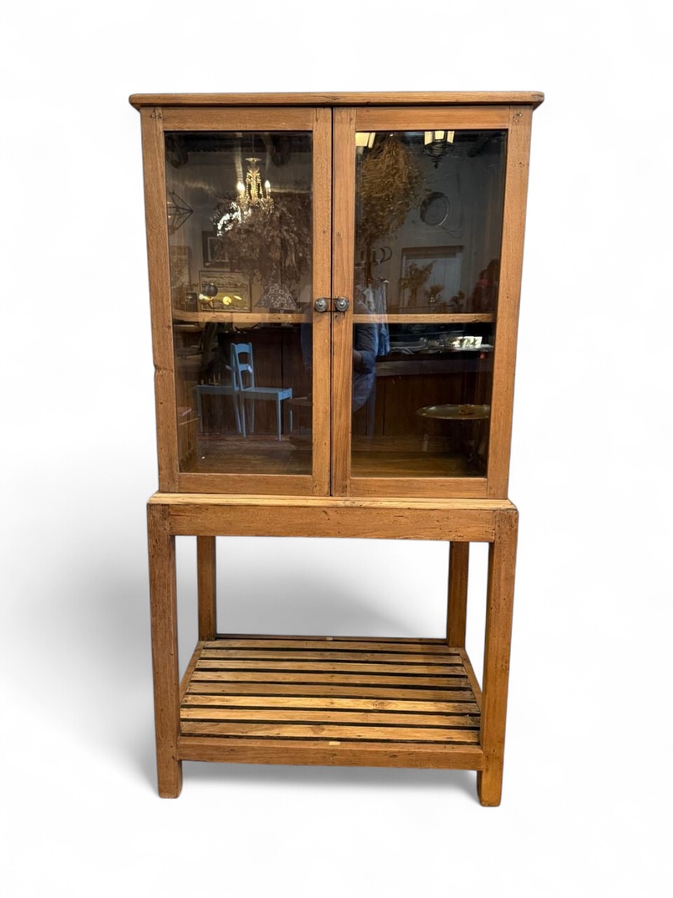 Early 1900S Solid Teak Trading Store Cabinet With Glass Doors